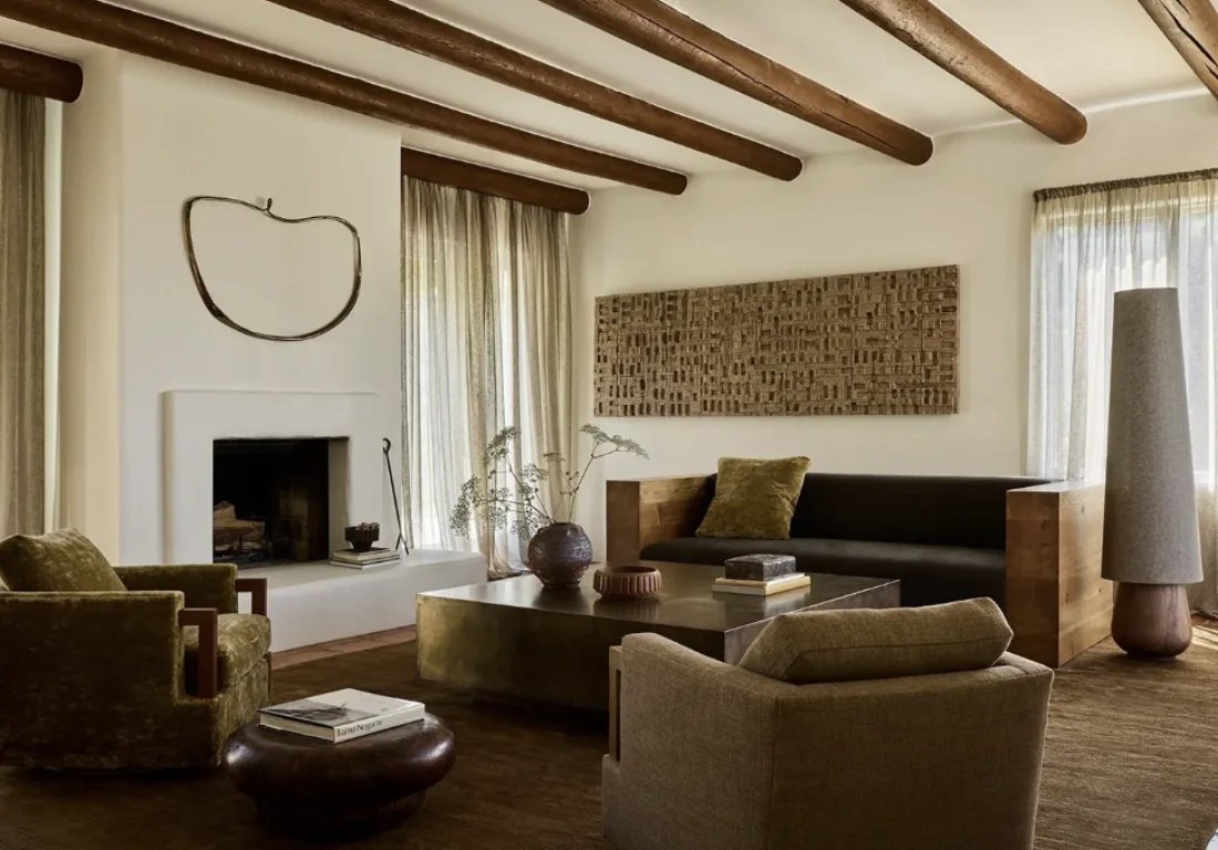 Corinne Mathern — beamed living room with olive armchairs